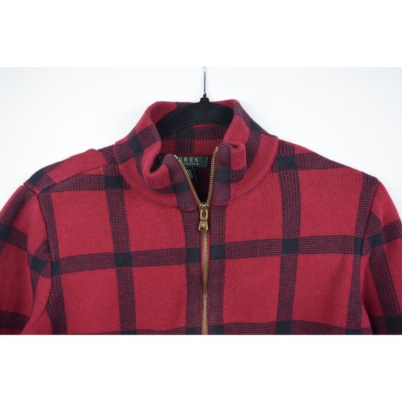 Lauren Ralph Lauren Womens Sweater Jacket Red Buffalo Plaid Zip Cotton Sz Small - Picture 2 of 16